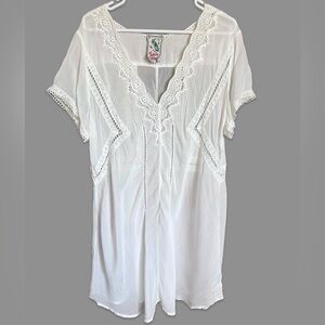 Johnny Was White Sheer Rayon Embroidered Eyelet Lace Tunic Cover Up Large